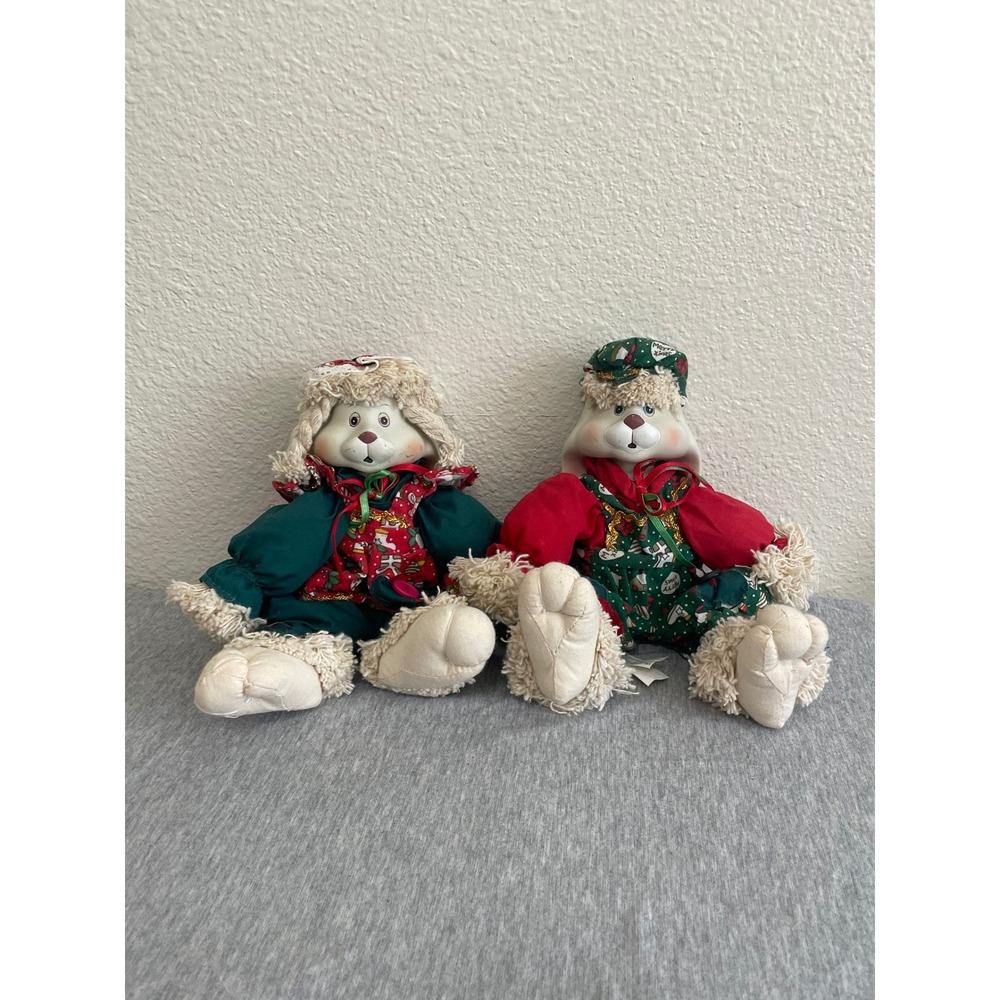 VTG House of Lloyd Hip & Hop Christmas Plush Bunny Pair Green Red 542064 Good